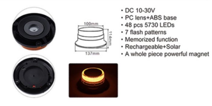 Стробоскоп-мигалка помаранчева на дах бездротова автомобіля на акумуляторі з сонячною панеллю