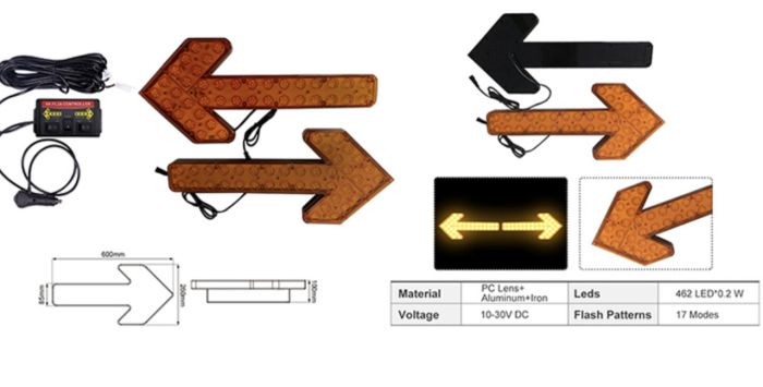 Світлодіодний покажчик напрямку руху. Жовті стрілки. Стробоскоп жовтий, мигалка.